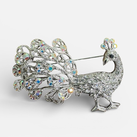 Vintage Jewelry - AB Crystal Peacock Bird Brooch Figural Pin Silver Tone